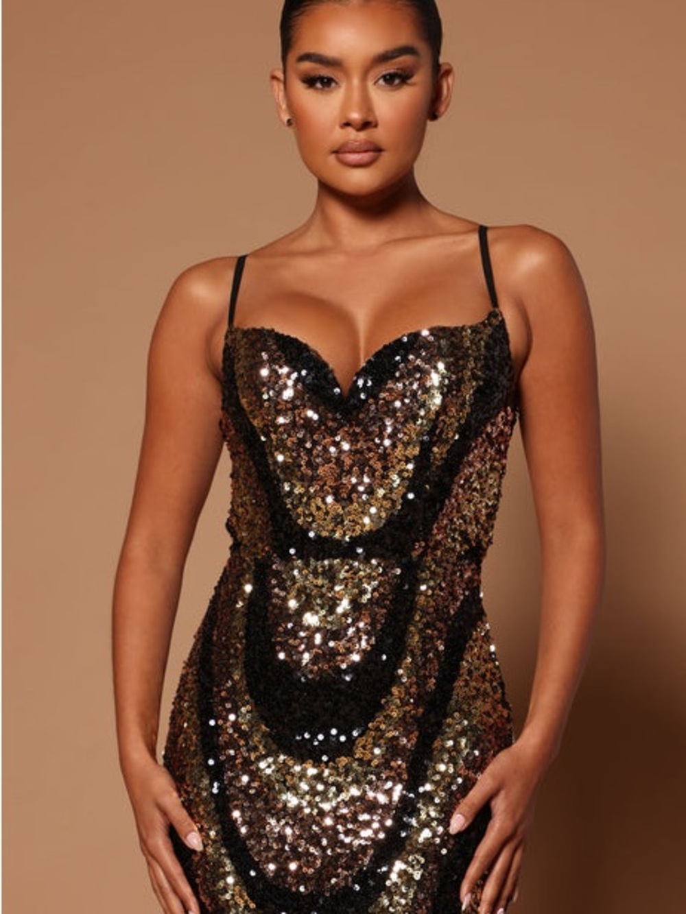 Fashion Nova Sequin Mermaid Maxi Dress Bronze Black Formal Evening Glam NWT - Picture 4 of 6